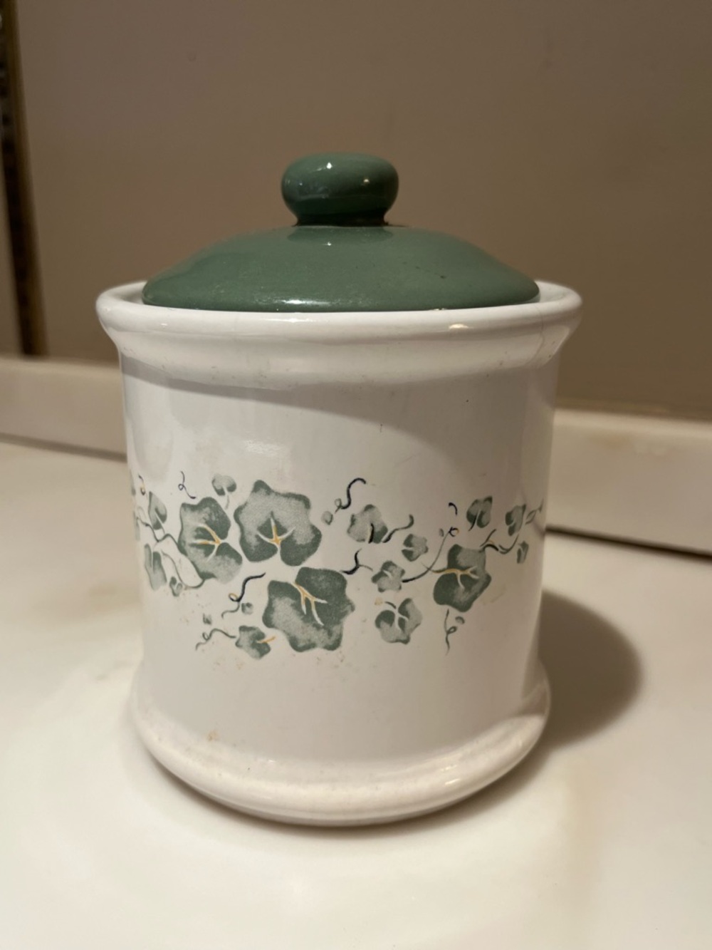 Small Ceramic Green and White Kitchen Canister with Ivy Pattern